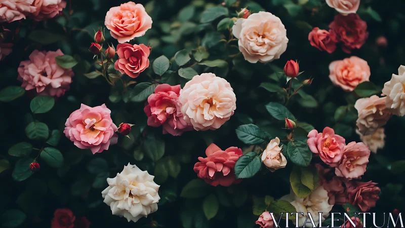 Lush Rose Garden with Blooming Flowers in Varied Coral and Cream Tones