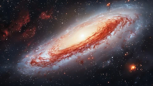 Spiral galaxy with bright core and red dust lanes in space.