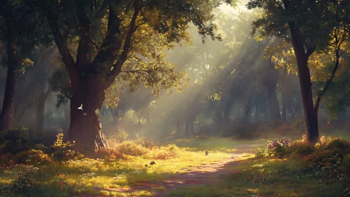 Luminous Forest Path: Atmospheric Woodland Sanctuary.