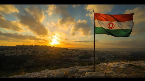 Sunlit tricolor flag over terraced hillside cityscape at dusk.