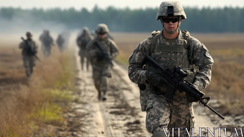 Infantry soldiers patrolling rural dirt road in formation.