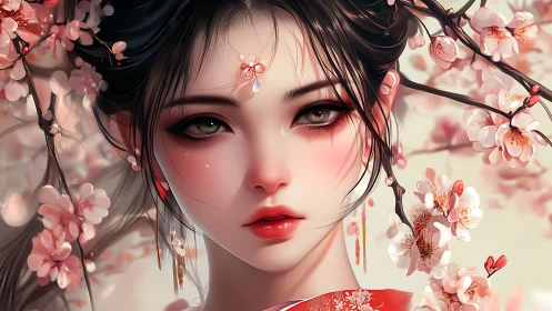 Elegant digital portrait of woman framed by cherry blossoms.