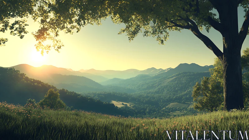 Sunlit valley landscape under lone tree at sunrise.