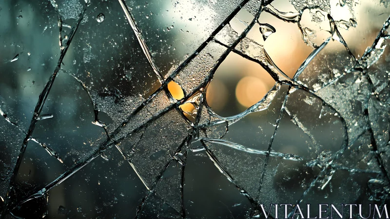 Close-up of Broken Glass with Abstract Light Reflections.