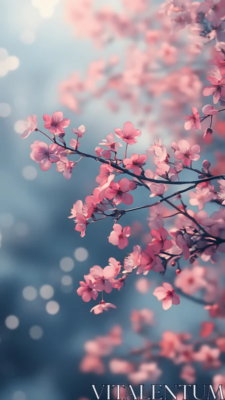 Pink cherry blossoms on branches against soft blue bokeh background.