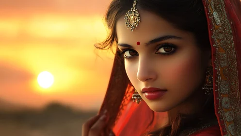 Photorealistic portrait of woman in red sari at sunset horizon.