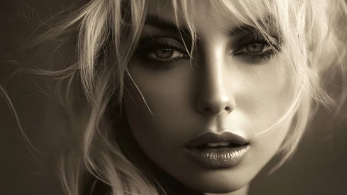 Monochrome close-up portrait emphasizes sculpted facial detail