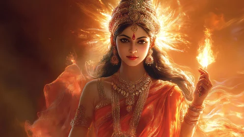 Fiery goddess figure in ornate gold jewelry and orange robes.