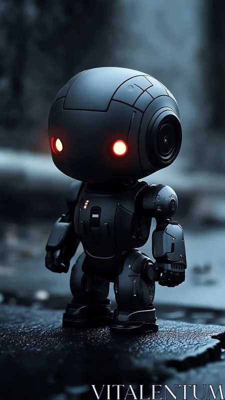 Tiny midnight robot exploring a quiet neon-blue alley.