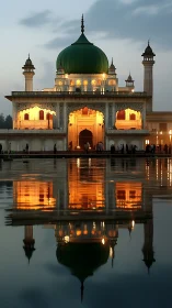 Illuminated mosque dome and arches reflecting on still water.