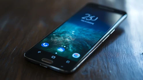 Smartphone Lock Screen Display on Wooden Surface.