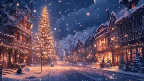 Snowlit village glows while a towering Christmas tree sparkles