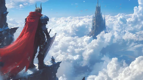 Skyborne knight guarding the distant citadel in cloudscape.