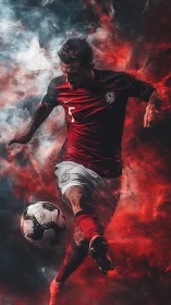 Dynamic soccer player strikes ball amid swirling red smoke