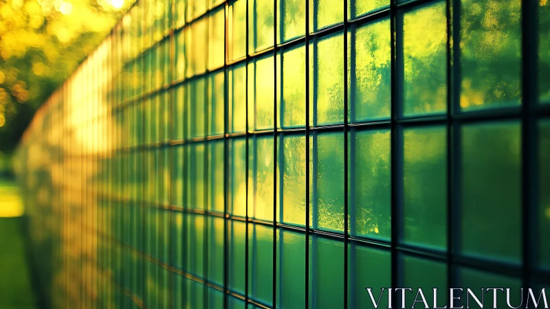 Sunlit Glass Block Wall in Soft Focus, Modern Architectural Style.