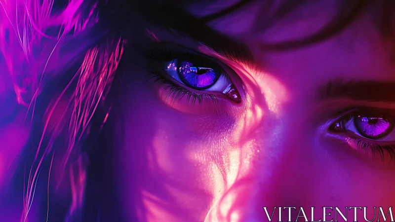 Iridescent violet eyes under neon magenta rim lighting.