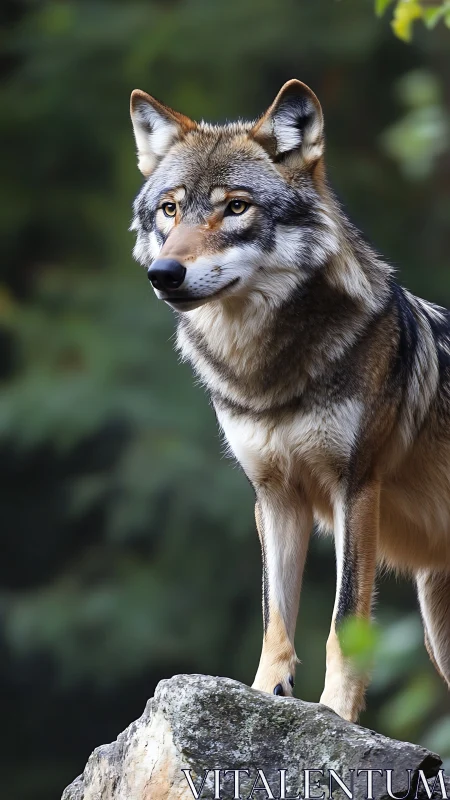 Gentle forest wolf pausing on a sunlit rocky lookout point.