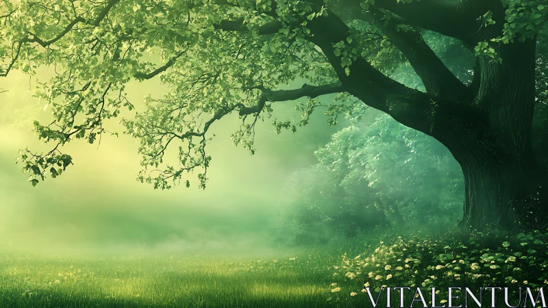 Misty sunlit forest clearing with mature oak tree foreground