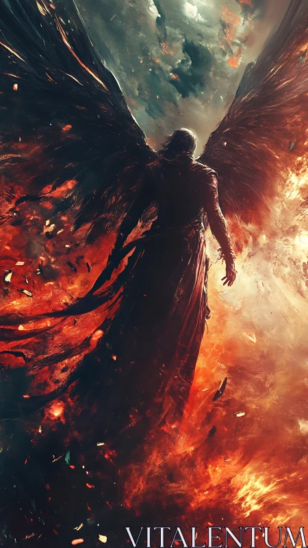 Winged humanoid figure stands amid dense fire and smoke