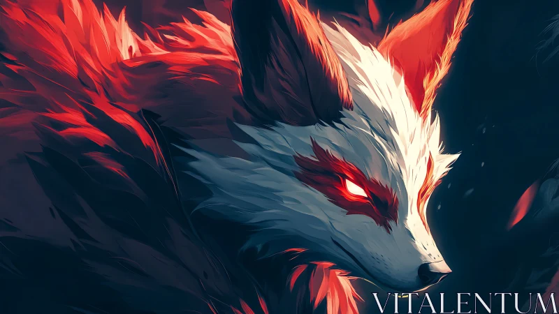 Fiery digital fox spirit with glowing red eyes poised.