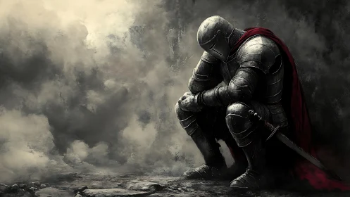 Weathered knight pauses in quiet reflection after battle