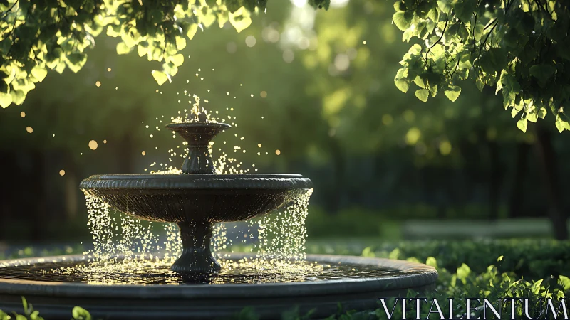 Stone garden fountain under soft golden evening light.
