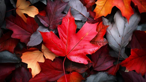 Red maple leaf among multicolored autumn foliage on ground.