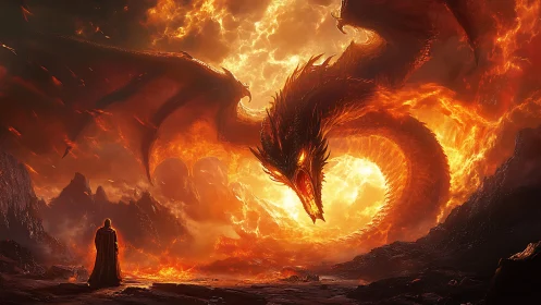 Volcanic sky wyrm confronting cloaked figure in lava canyon