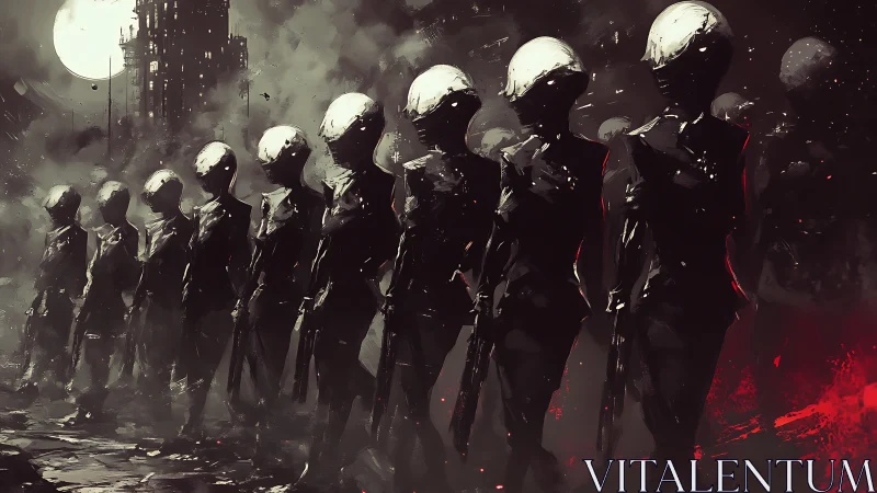Helmeted android soldiers march through a burning dystopian city