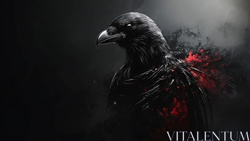 Midnight raven rising through shadows and embers.