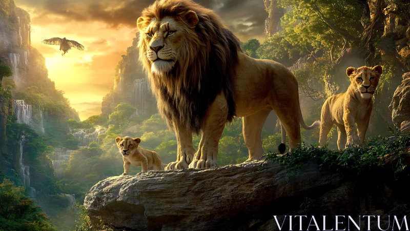 Lion Pride in Mystical Canyon Landscape: Digital Fantasy Composition.