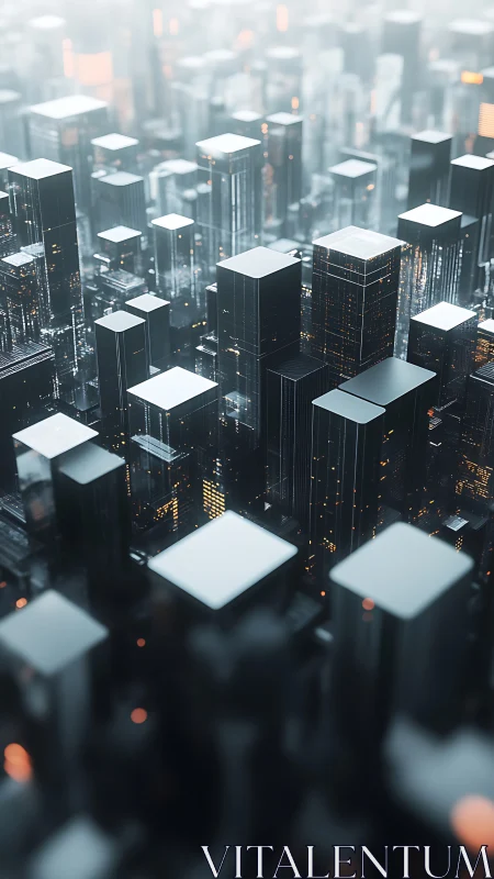 Futuristic 3D cityscape with glowing grid towers at dusk.