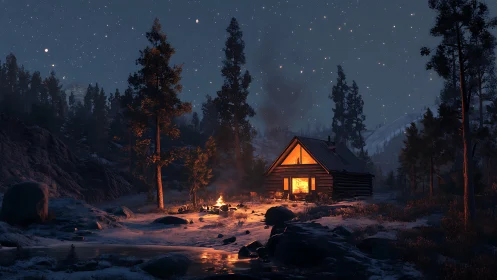 Wilderness Sanctuary: Glowing Refuge Under Starlit Pines.
