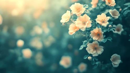 Soft peach flowers in garden bokeh setting.