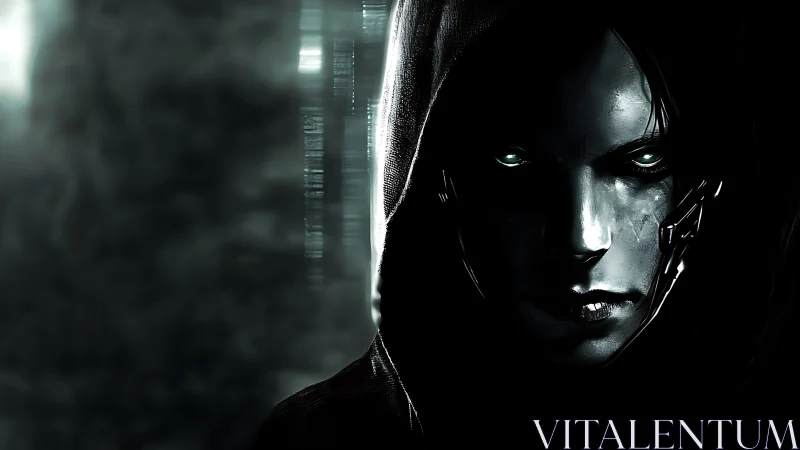 Hooded cyber specter with neon eyes in digital shadow.