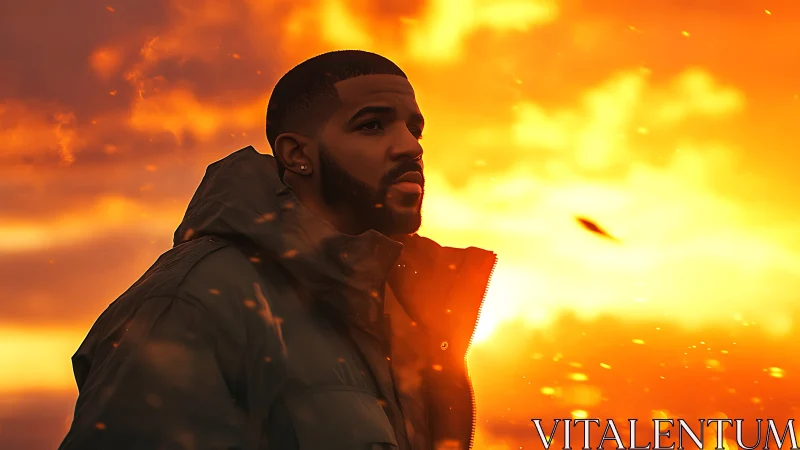 Sunlit portrait of man in parka against blazing orange sky.