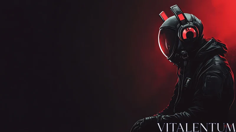 Futuristic helmeted figure in black jacket on red glow.