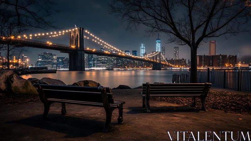 Brooklyn Bridge and city skyline viewed from riverside park.