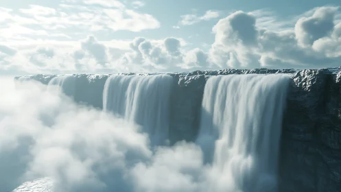 Dreamlike cliffside waterfalls pouring into soft clouds.