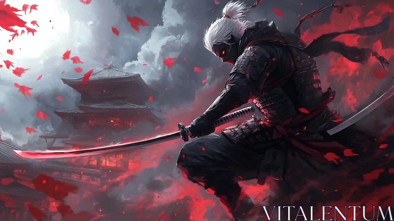 Stormlit samurai warrior steadies a glowing katana strike