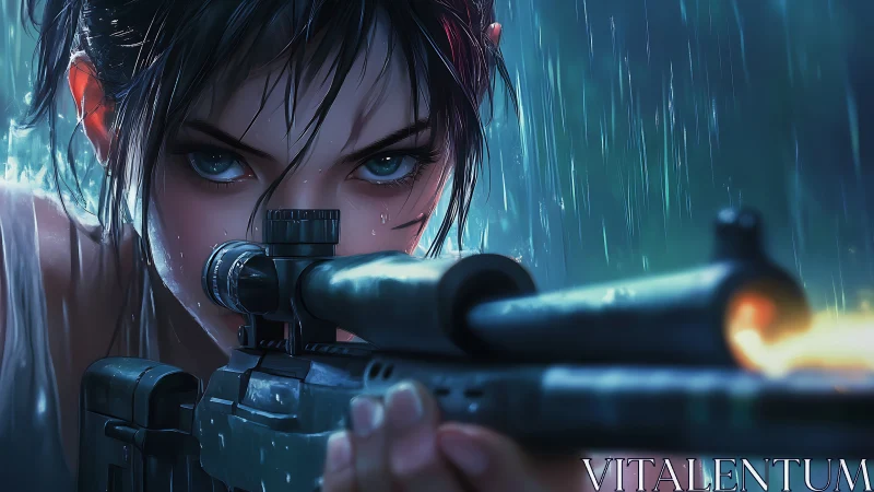 Female sniper aiming rifle scope in heavy rain outdoors.