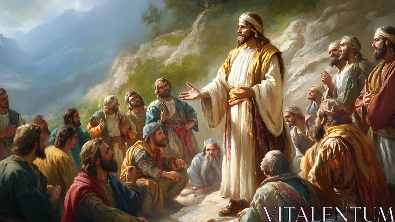 Messianic teacher addressing disciples on sunlit rocky hillside