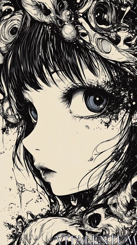 Ink-splatter biomech portrait of wide-eyed anime profile.