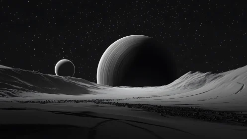 Ringed gas giant and moon above barren icy landscape.