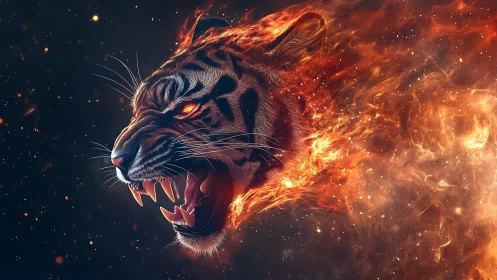 Fiery tiger head materializing from swirling cosmic flames