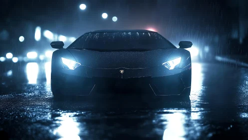Low-angle hypercar portrait in cinematic nocturnal rainfall