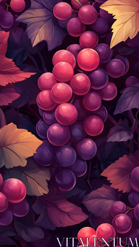 Ripe grapes glow among autumn leaves in rich digital art.