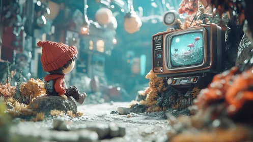 Child watching retro TV in whimsical miniature alleyway scene