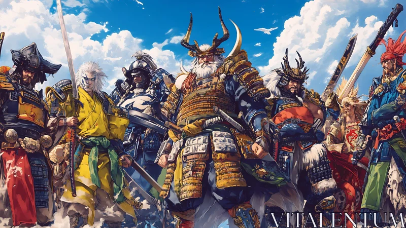 Legendary armored samurai warlords under vivid summer sky.