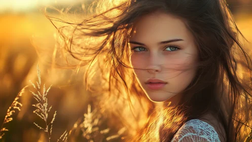 Golden hour daydream with sunlit hair and thoughtful eyes.